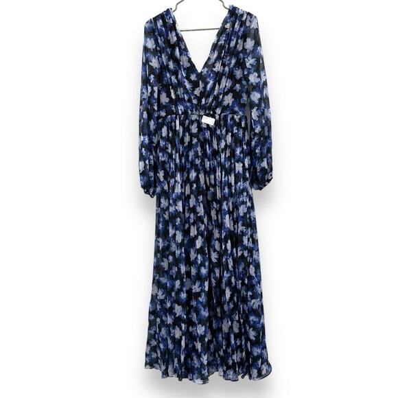 RTR ML Monique Lhuillier Melanie Black White & Blue Floral Maxi Dress Sz 0 - Picture 5 of 14